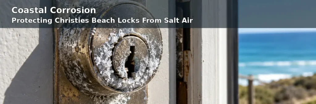Salt air corrosion and white mineral deposits on a deadlock at a coastal home in Christies Beach