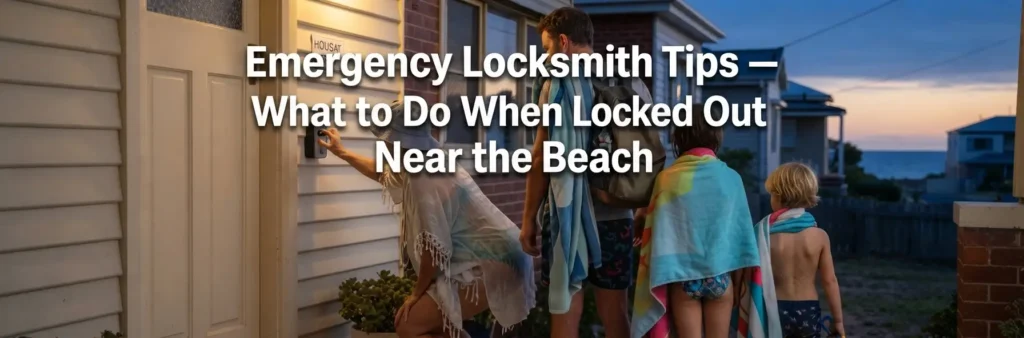 Family locked out of a beachside holiday rental at dusk