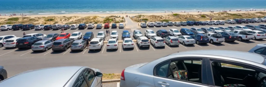 Beach car park with vehicles near a popular beach access point